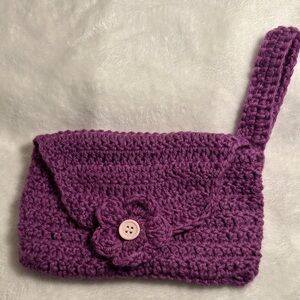 New no tag, handmade Purple Crochet Clutch with Flower Accent